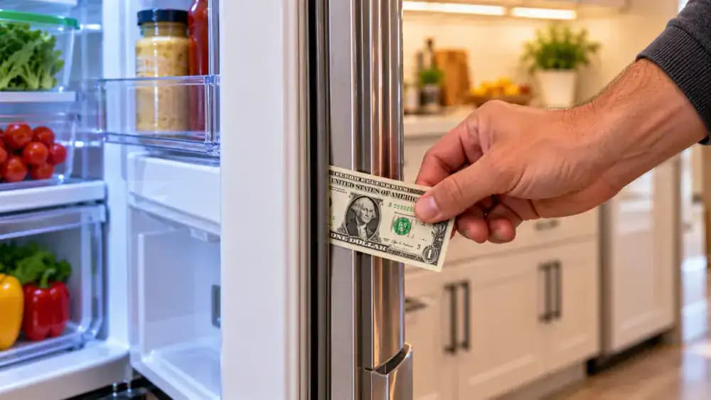 Close-up of a hand slowly pulling a US one-dollar bill from between a closed stainless steel refrigerator door and its freshly cleaned rubber gasket to check contact resistance.