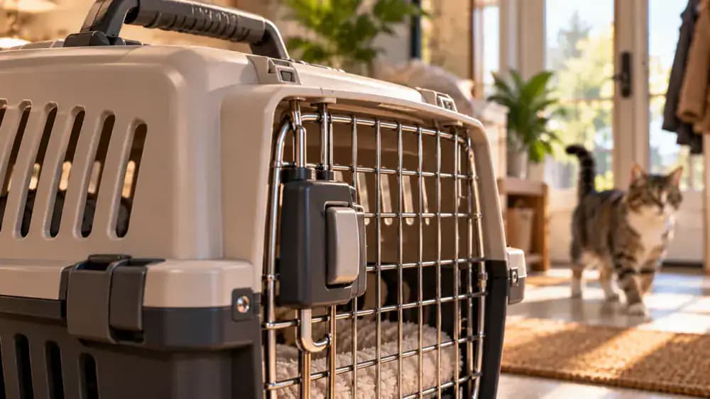 Pet owner inspecting a cat carrier's ventilation openings, secure door latch, and handle, then checking a dog's collar fit, identification tag, harness buckles, and leash clip before transport.