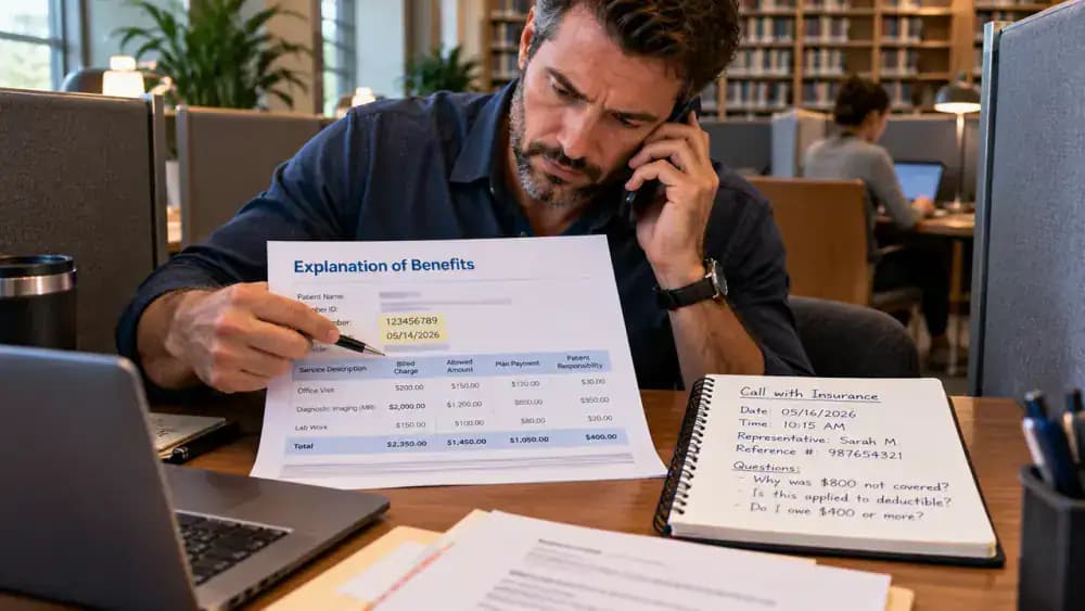 Adult in a private public library study pod calling an insurer while pointing to the claim number and service date on a fictional Explanation of Benefits, with a generic insurance card and notepad ready for call notes.