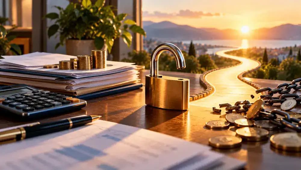 Open padlock beside organized bills and a clear path through scattered coins.