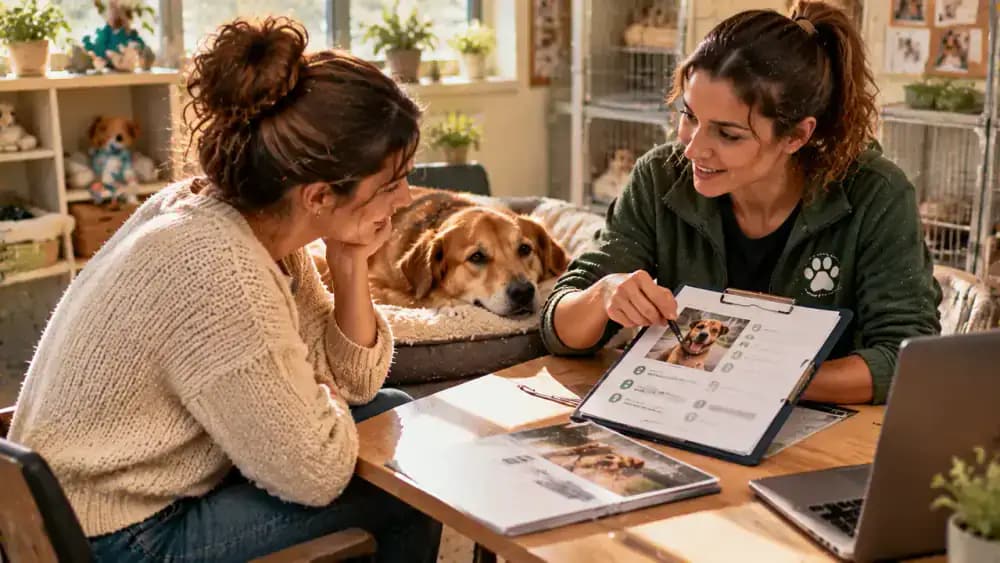Rescue coordinator explains an animal's record to a prospective adopter, distinguishing confirmed information from unknown history while a dog rests calmly beside its handler.