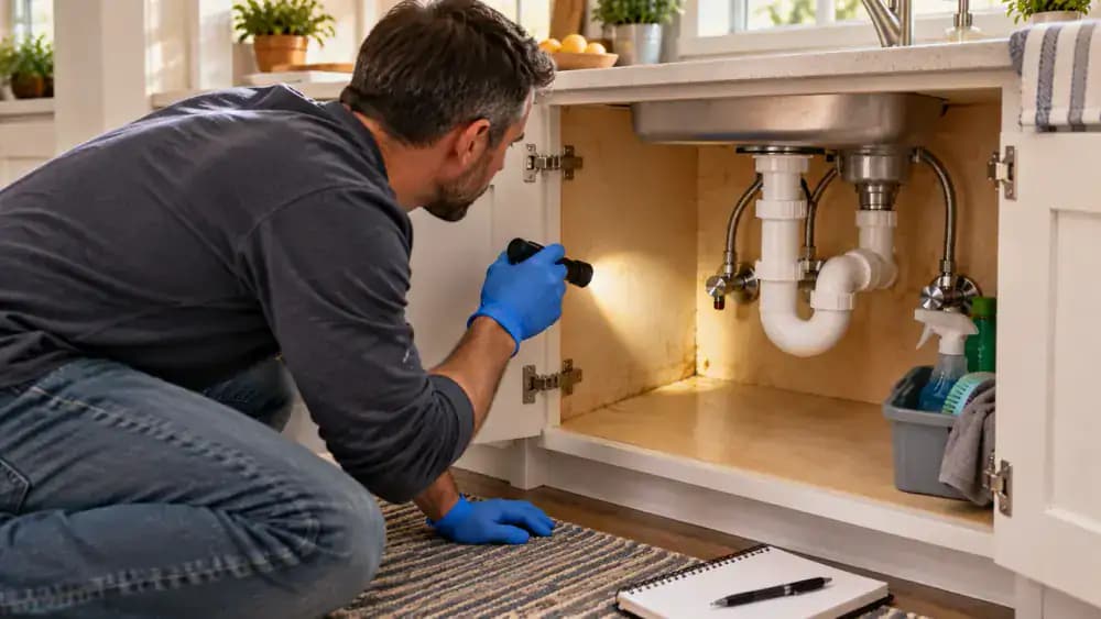 Low-angle view of a person wearing blue protective gloves inspecting an open kitchen sink cabinet with a handheld flashlight, checking the curved drain trap, supply connections, waterproof containment tray, and rear seams. A three-day inspection checklist and pencil sit nearby, with sealed cleaning 