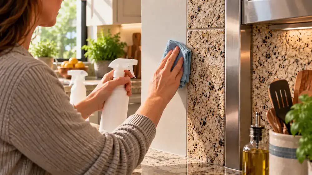 Close-up of a hand cleaning a painted backsplash with a lightly damp microfiber cloth using short overlapping horizontal passes while keeping metal trim, the lower seam, and a nearby outlet dry.