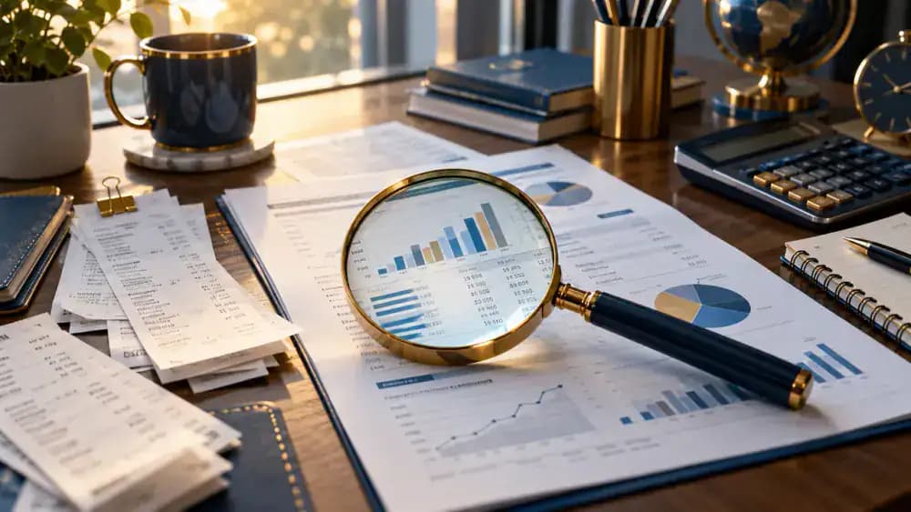 Magnifying glass examining individual transactions on a bank statement