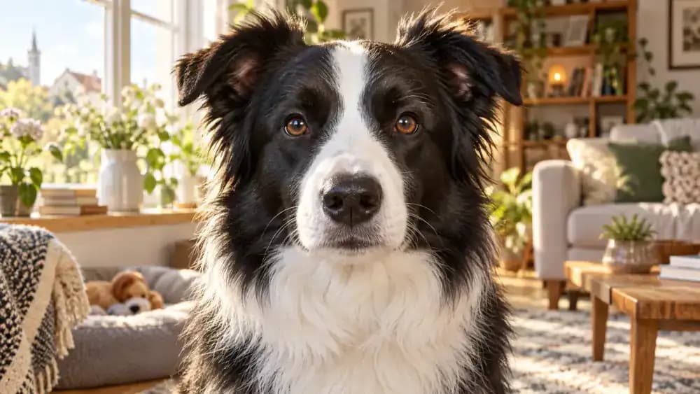 Border collie sitting near a window while its owner visually compares both eyes