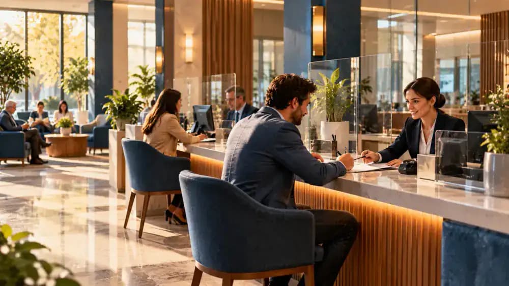 Modern bank interior featuring a secure service counter and understated savings imagery.
