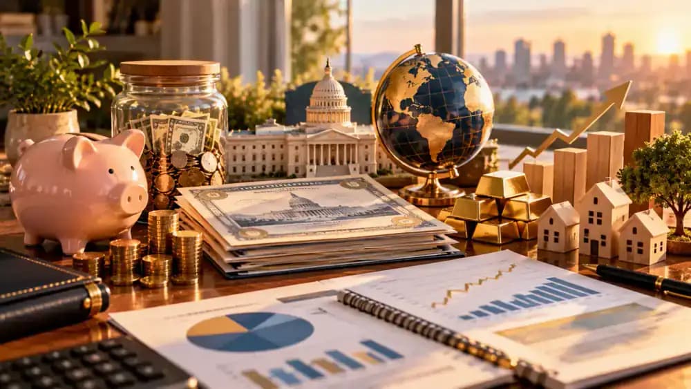 Diversified collection of savings accounts, Treasury securities, bonds, and investment portfolio materials.