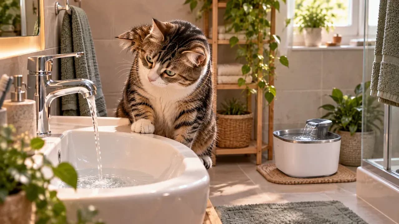 Cat watching a gently running faucet with a clean pet fountain nearby