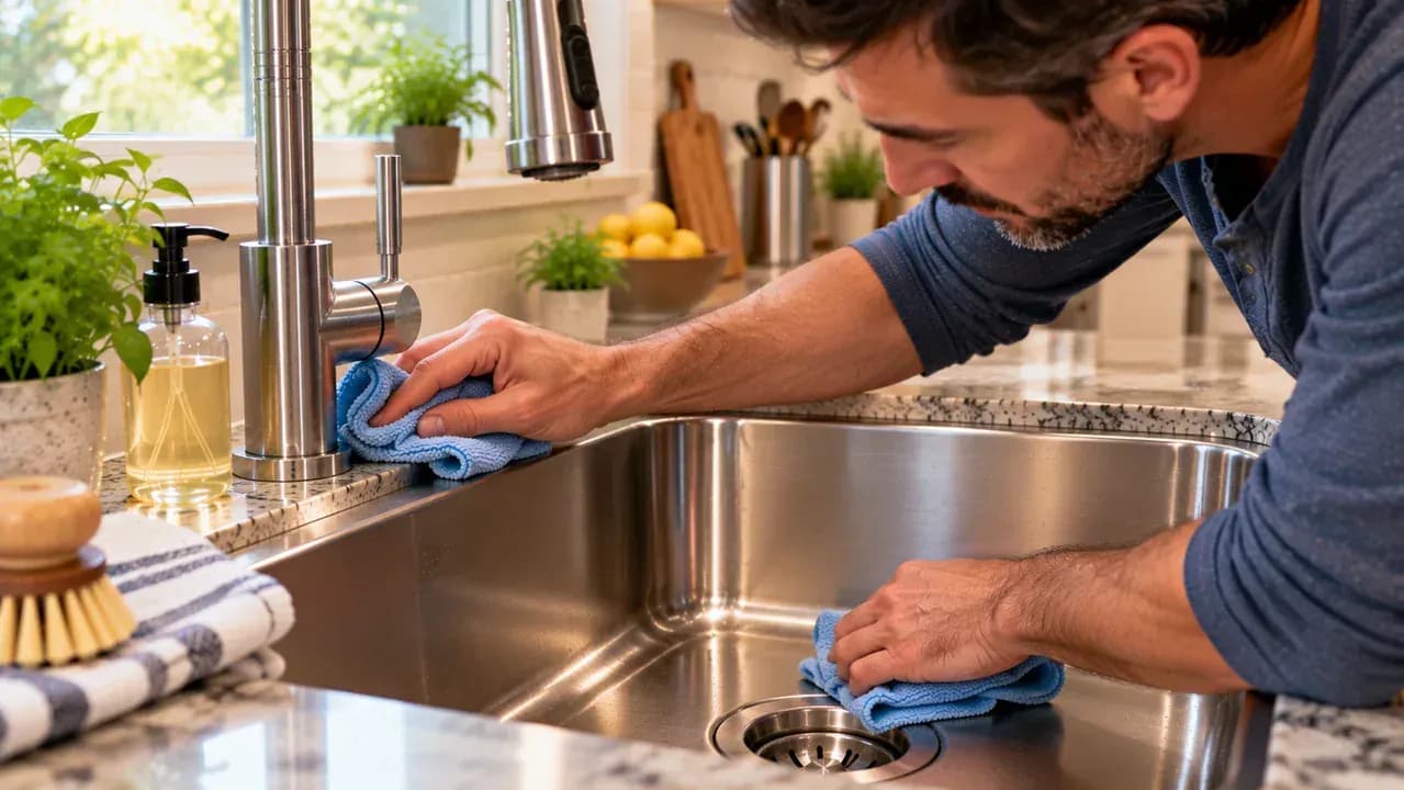 Close-up of a homeowner pressing a dry microfiber towel around the faucet base seam, sink rim, and drain flange of a stainless steel sink.