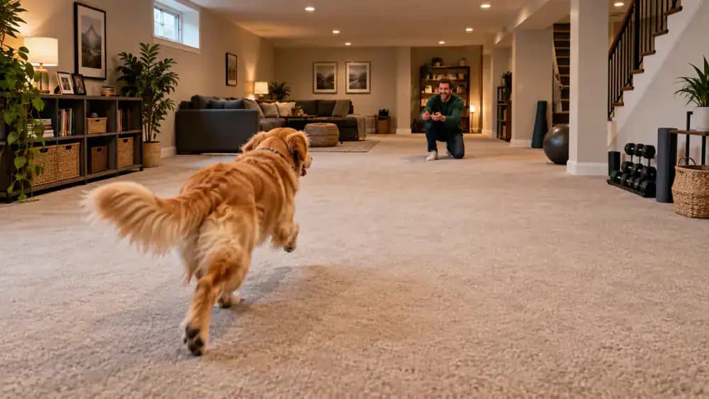 Golden retriever traveling across a spacious carpeted basement toward its calling owner
