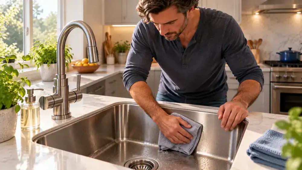 Homeowner drying a stainless steel kitchen sink with a light gray microfiber towel, wiping the basin walls from top to bottom and absorbing water droplets from the sink floor and exposed edges.