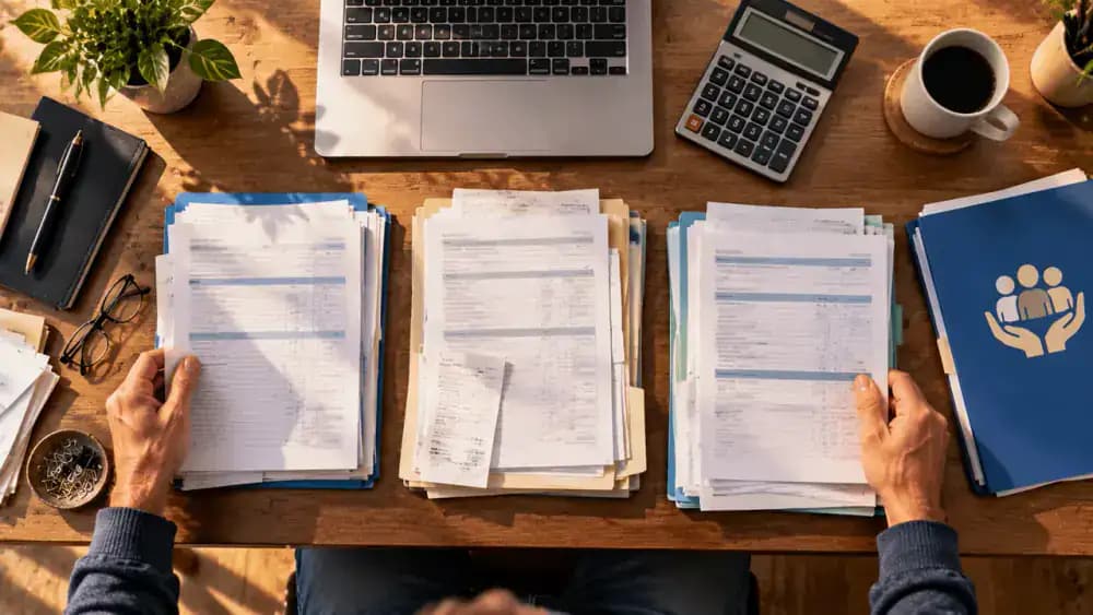 Three organized groups of tax documents beside a laptop, calculator and community assistance folder.
