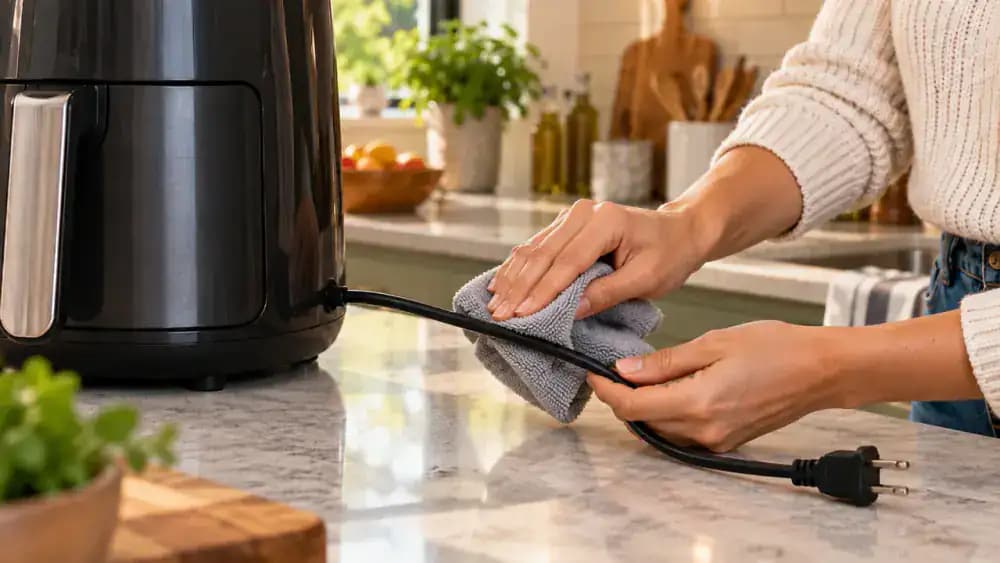 Close-up of a person wiping the insulated section of an unplugged appliance power cord with a lightly damp microfiber cloth while the dry plug rests on a towel.