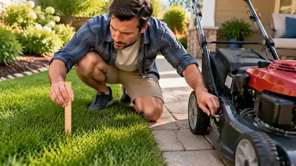 Homeowner measuring lawn height with a small ruler beside a switched-off push mower and adjusting its cutting-height lever on a paved patio.