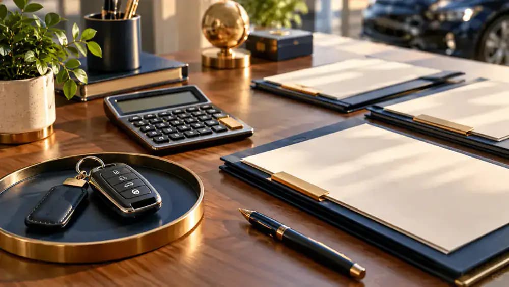 Car keys, calculator, and separate blank purchase documents organized into distinct sections of a desk.