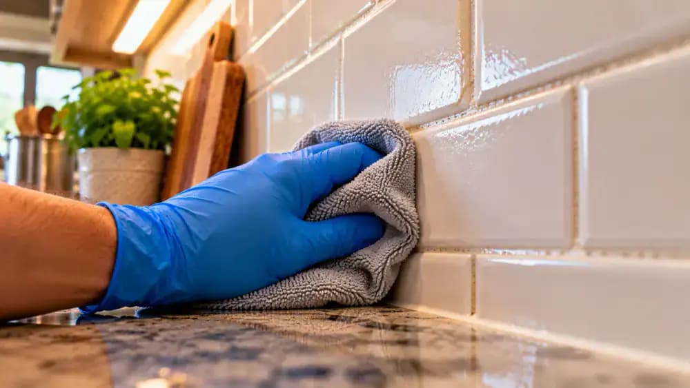 Close-up of blue-gloved hands using a folded beige microfiber cloth to gently blot moisture from horizontal and vertical grout lines between cream ceramic kitchen backsplash tiles, with a nearby window opened for ventilation.