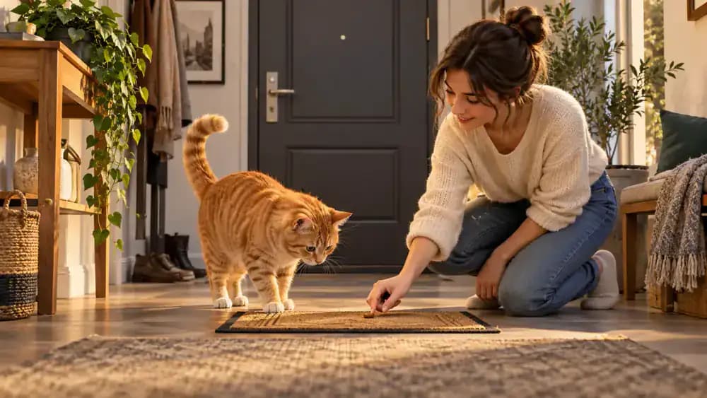 An orange cat turning away from a closed entrance toward a familiar waiting mat after its owner calmly kneels at a safe distance and places a treat on the mat in soft natural light.