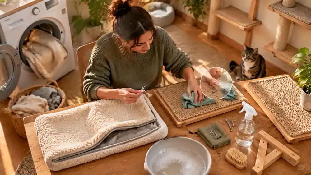 Cat owner removing a washable cushion cover, wiping a textured shelf insert, checking fabric seams, removing a dangling cord and detachable decoration, and replacing the cover flat.