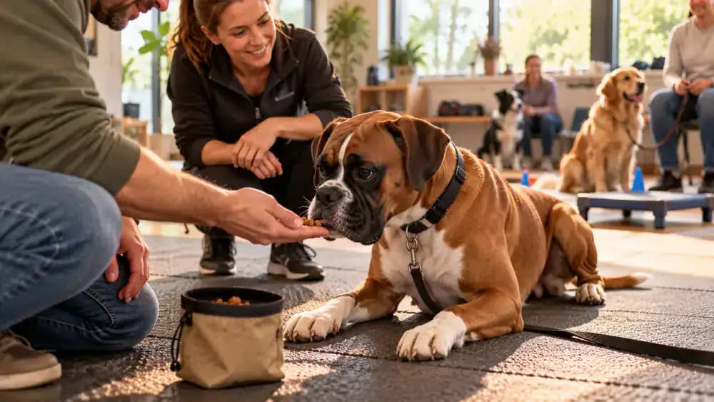 Young Boxer gently taking a tiny training treat from a kneeling owner's open, flat palm inside a spacious dog training classroom while a professional trainer watches nearby.