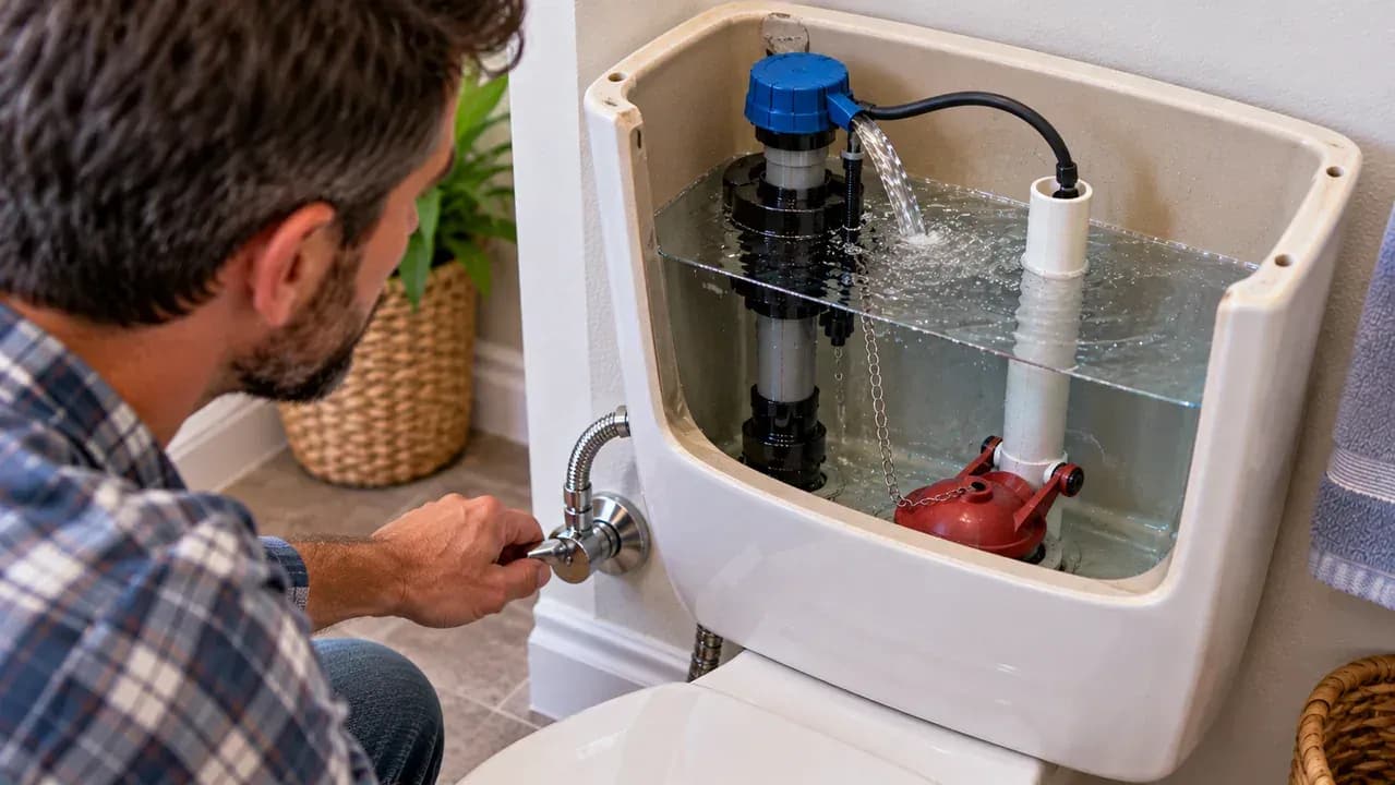 Close-up of an open toilet tank as a hand slowly opens the wall supply valve while the float rises beside the fill valve and a measuring card marks the safe shutoff level near the overflow tube.