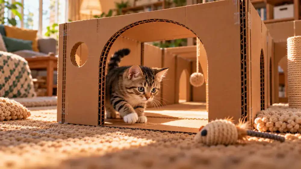 Playful kitten exploring a spacious floor-level cardboard tunnel while an adult checks doorway sizes and redirects the kitten from nibbling a cardboard edge toward a suitable toy.