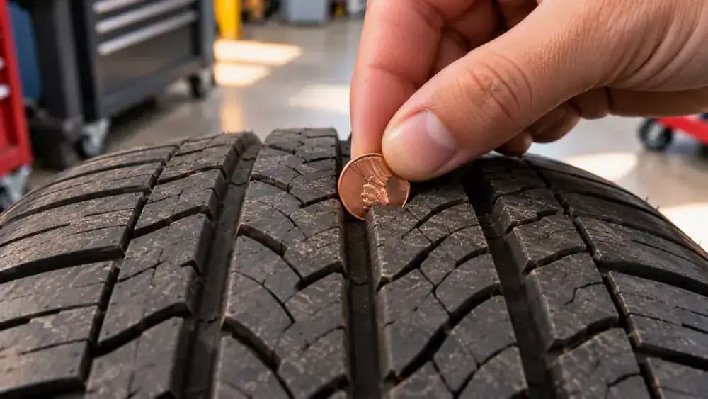 Close-up of a hand inserting an upside-down US penny into a tire tread groove, with an educational comparison showing Lincoln's head visible when tread depth is approximately 2/32 inch or less.