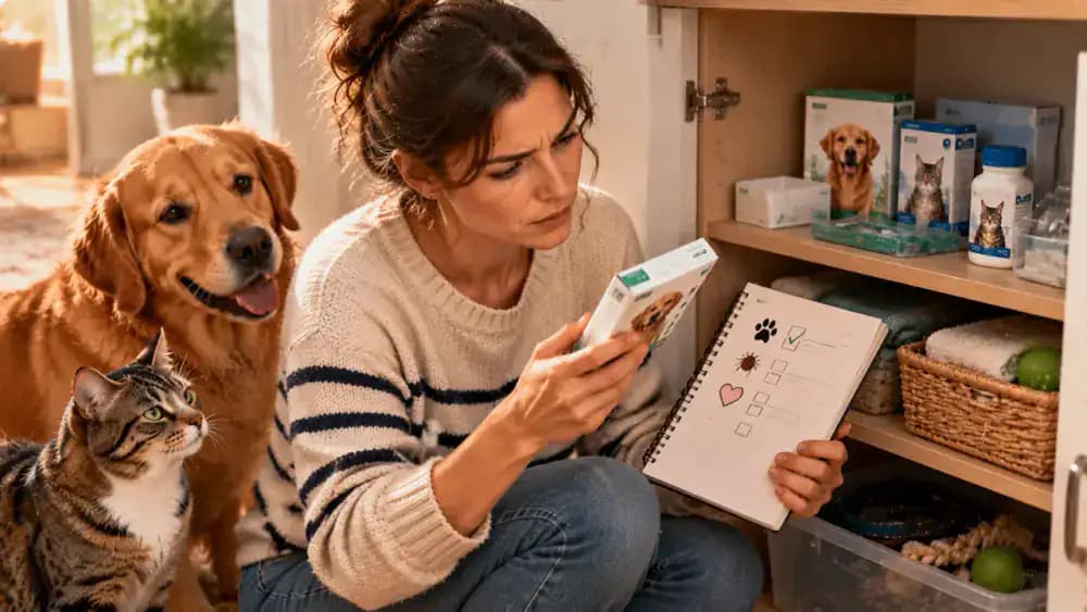 Pet owner checking a low supply of parasite prevention products in a pet care cabinet, reviewing an inventory card, and contacting the veterinary clinic to arrange a refill.