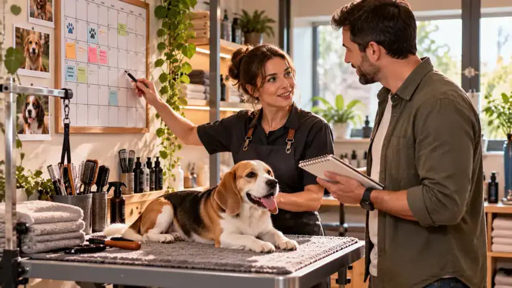 Two adults coordinating their Beagle's grooming routine beside a wall-mounted weekly calendar with colored markers, while the relaxed dog rests on a padded cushion near a basket of grooming supplies.