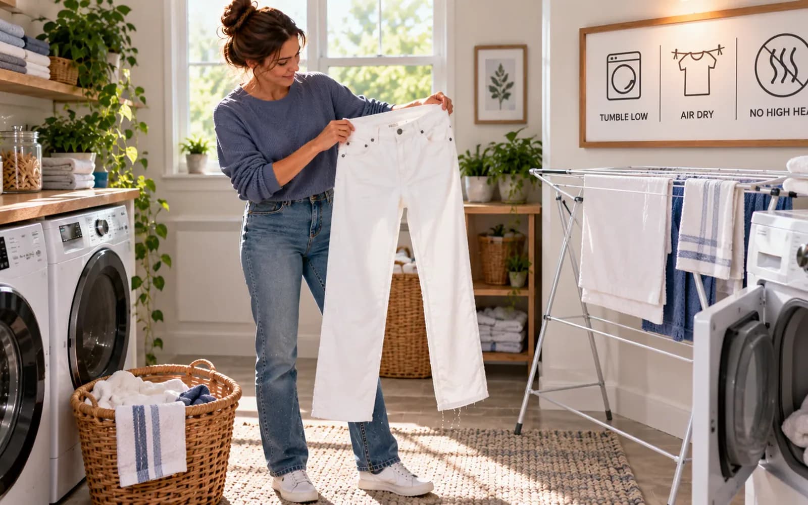 Person checking the care label and clean treated thigh of white jeans beside a drying rack and front-loading dryer before selecting the permitted drying method.