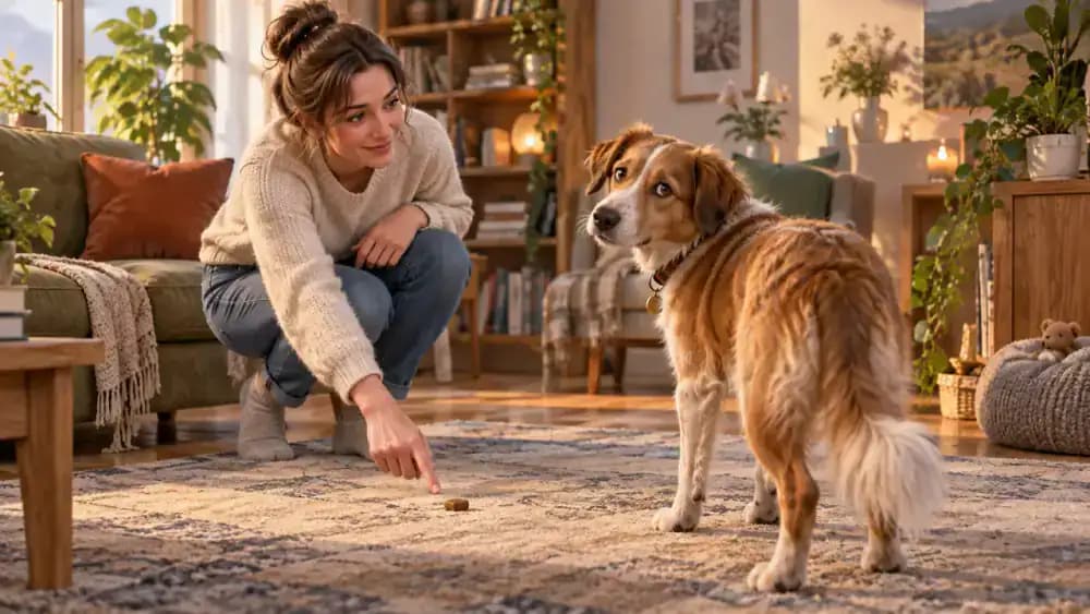 Owner resetting a difficult dog search with an obvious floor treat