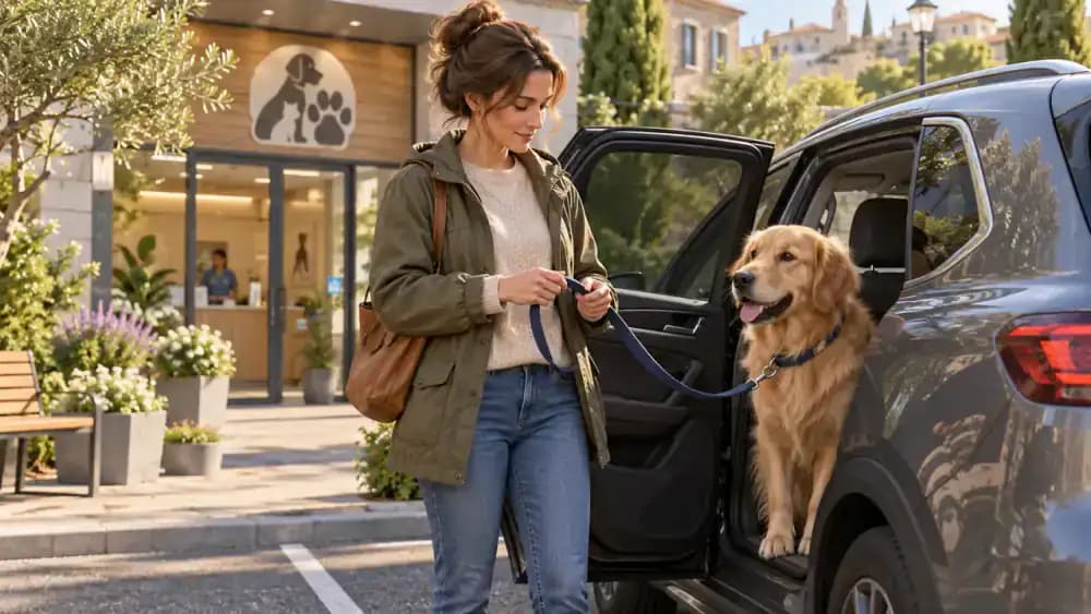 Pet owner checking a golden retriever's leash attachment before unloading beside a veterinary clinic