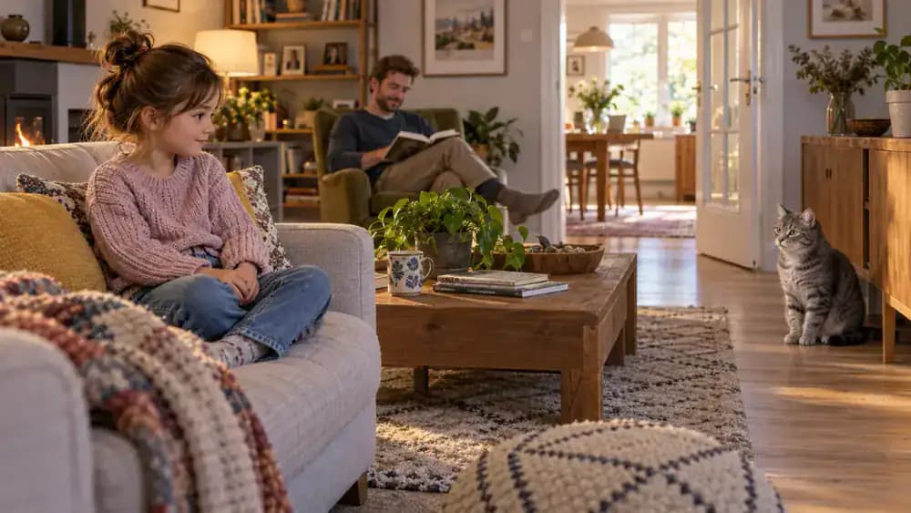 Adult guest calmly explains cat safety rules to a young child seated on a living room sofa, while the child keeps both hands in their lap and watches a gray tabby standing near an open doorway several feet away.
