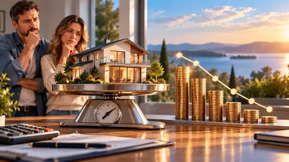 Residential house on a measuring platform beside a declining property value curve and shrinking equity representation.