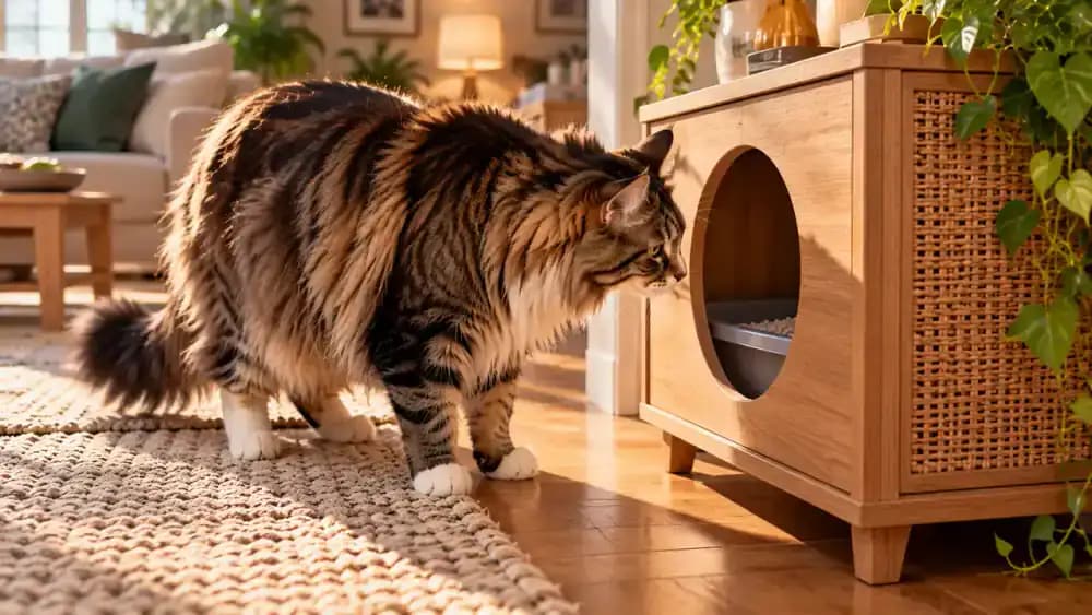 Decorative wooden litter box cabinet resembling a side table, with an owner measuring its narrow entrance and cramped interior while a large cat cautiously examines the opening.