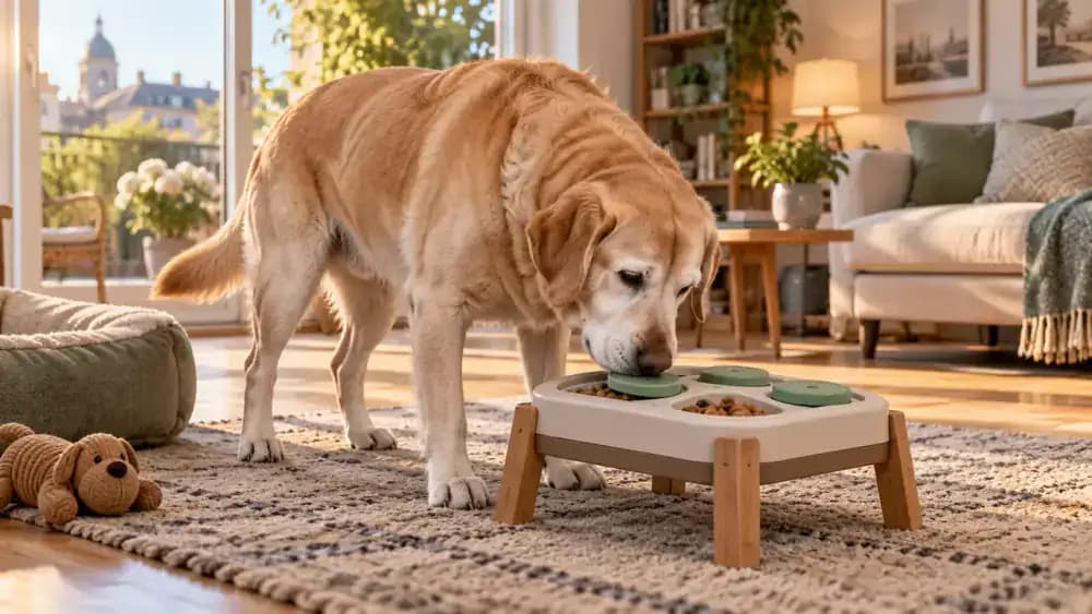 Senior Labrador using a raised puzzle with large loose sliders