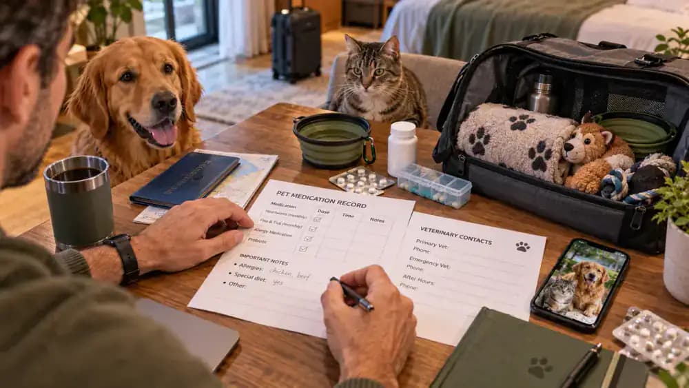 Printed pet medication record with dosage details, allergies and veterinarian contact information