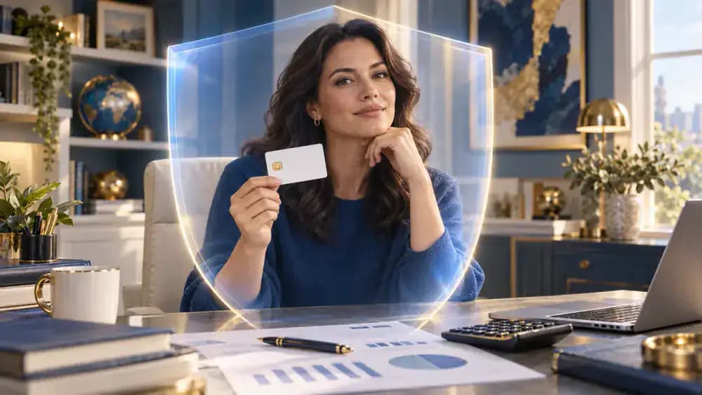 A consumer holding a credit card behind a translucent protective barrier that symbolizes the defined scope of financial regulations.