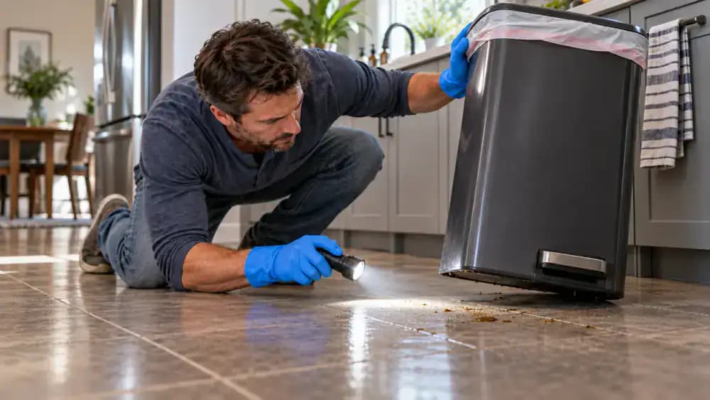Gloved person checking the fill level of a kitchen trash bag, adjusting the liner around the can rim, and wiping a small water spot from the floor beside the trash can.