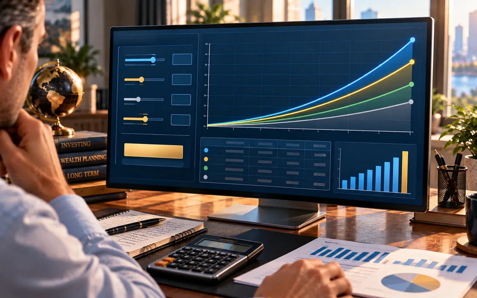 Investment calculator modeling long-term fees and hypothetical growth