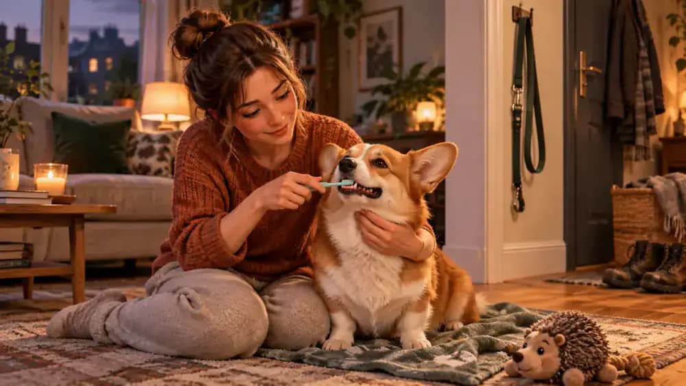 Owner gently brushing a calm corgi's teeth in the evening beside a leash hanging near the doorway