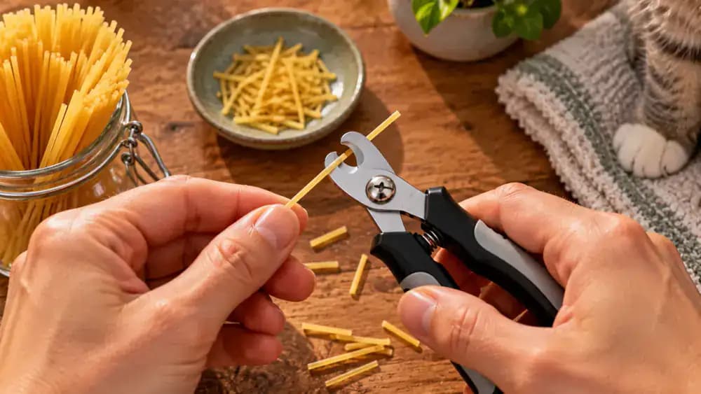 Overhead close-up of hands testing cat nail clippers and cutting a strand of uncooked spaghetti on a clean wooden workbench, with another clipper style nearby.