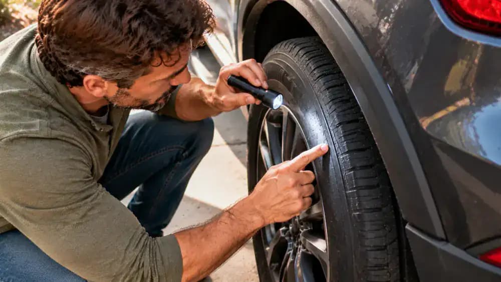 Driver seated beside a parked SUV's rear wheel, shining a handheld inspection light across the tire sidewall while using a small mirror to view an accessible section of the inner sidewall.