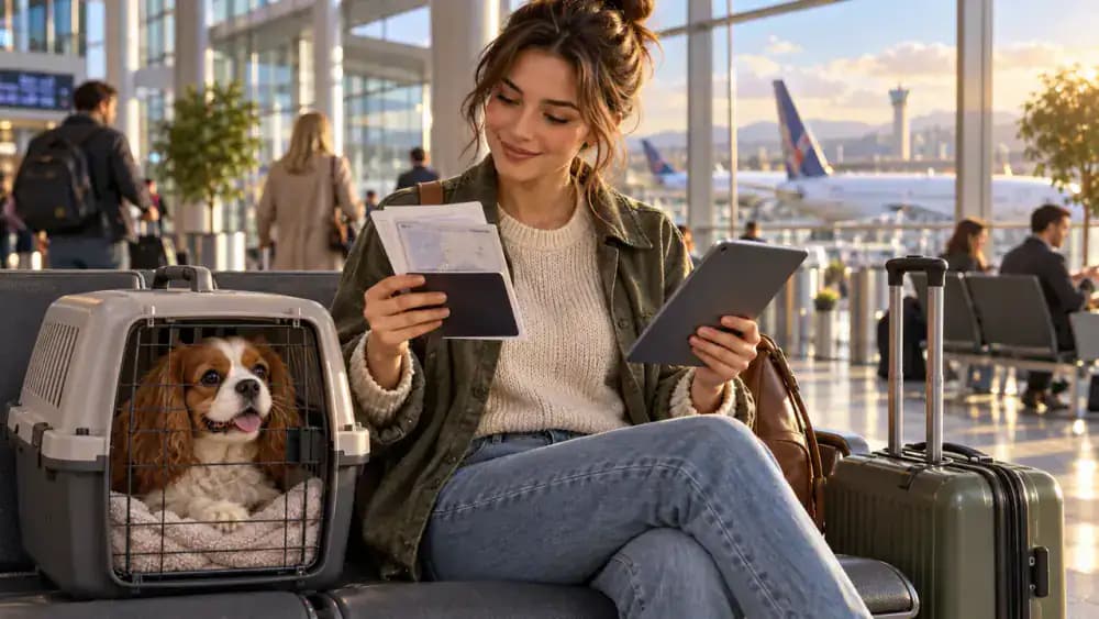 Small dog in an airport travel carrier while its owner reviews vaccination papers and offline documents