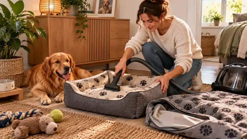 Dog bed being vacuumed with removable cover and washable insert