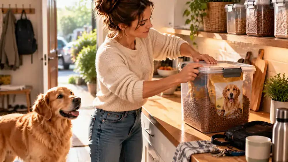 Pet owner pressing the gasketed lid onto a clear kibble storage container in a sunlit kitchen, with the folded original food bag visible inside and workday essentials nearby.