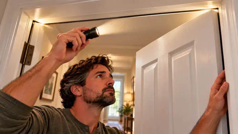 Over-the-shoulder close-up of a homeowner inspecting the upper brass hinge of a white interior door in an American hallway, using a flashlight to reveal a slightly raised hinge plate while the open door rests on a cardboard shim.