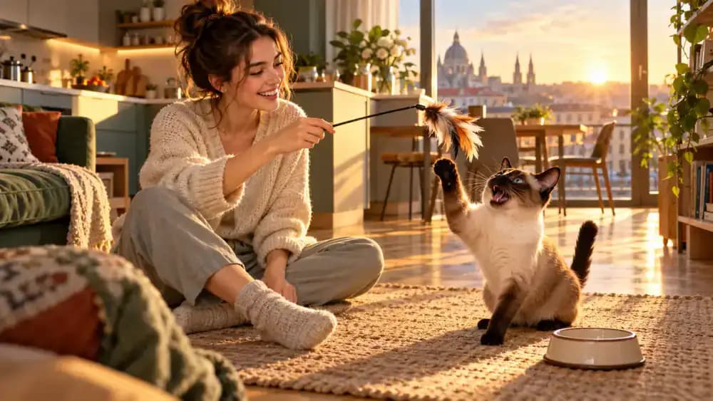 Siamese cat standing beside an empty feeding station in an apartment kitchen while its owner checks a digital clock and prepares to offer feather wand play near a closed pet food cupboard.