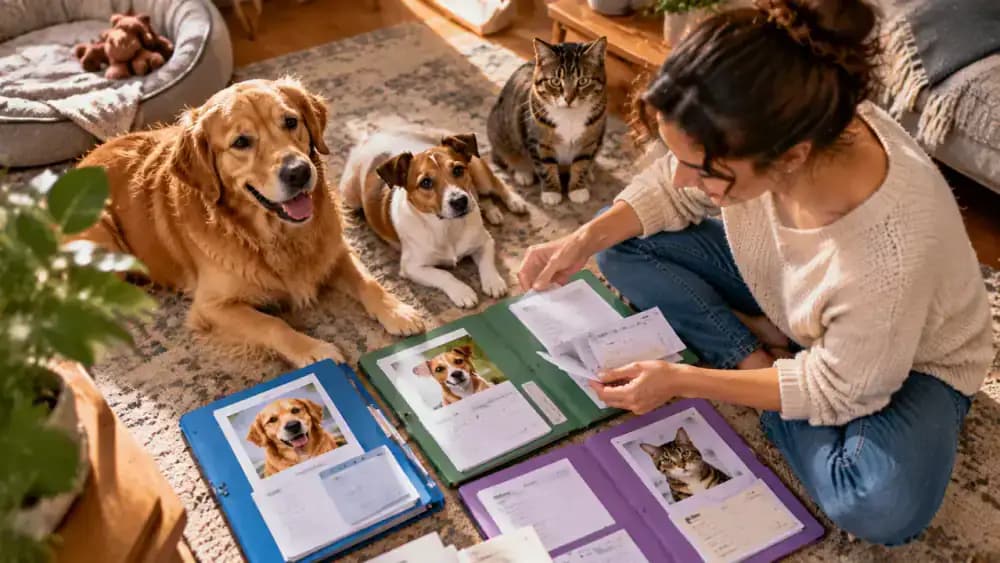 A pet owner sits beside two dogs and a cat while matching each animal to a separate identification folder labeled with its name and photo.