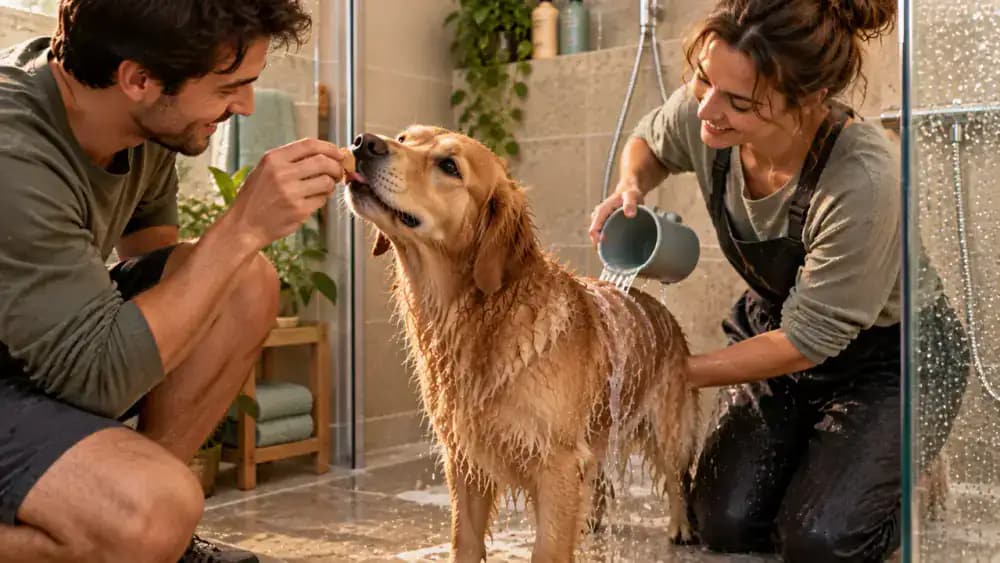 Second adult offering one tiny treat to a relaxed dog from outside the shower while the owner holds a rinsing cup nearby.