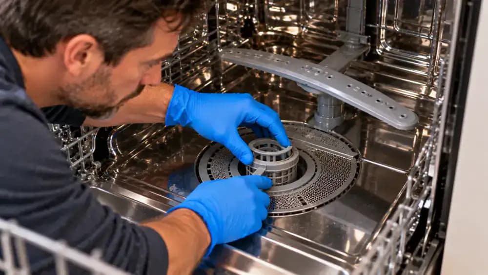 Gloved adult reinstalling a cleaned dishwasher filter by aligning the tabs, rotating the locking handle, and pressing the rim to confirm it sits flat.